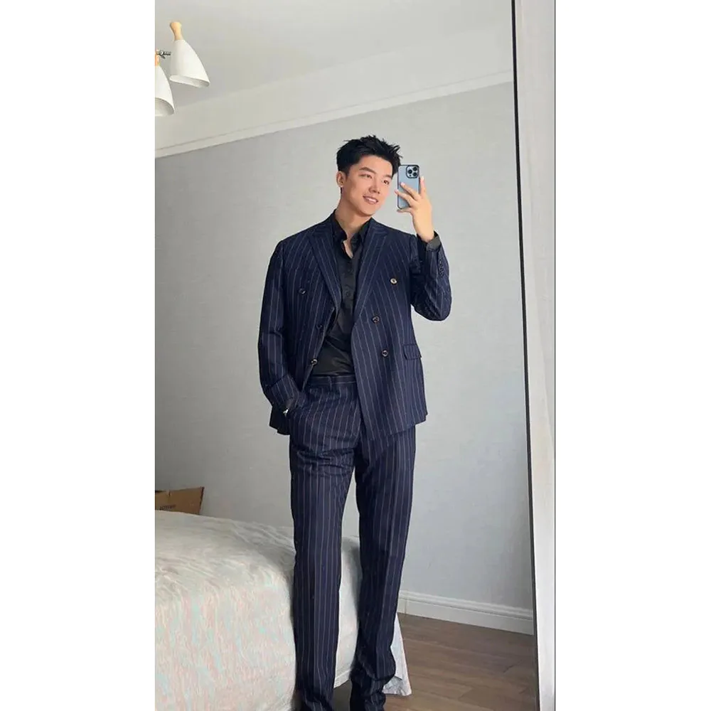 Korean Pinstripe Men Suits Two Piece Navy Blue Peak Lapel Double Breasted Outfits Chic Fashion Youthful Vitality (Blazer+Pants)