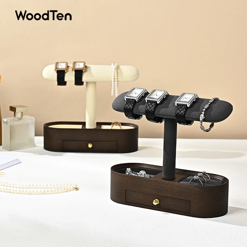 حامل عرض ساعة من الخشب الصلب من WoodTen مع أدراج وقلادة مزدوجة الطبقات وقلادة وسوار منظم وحامل سوار المجوهرات #1