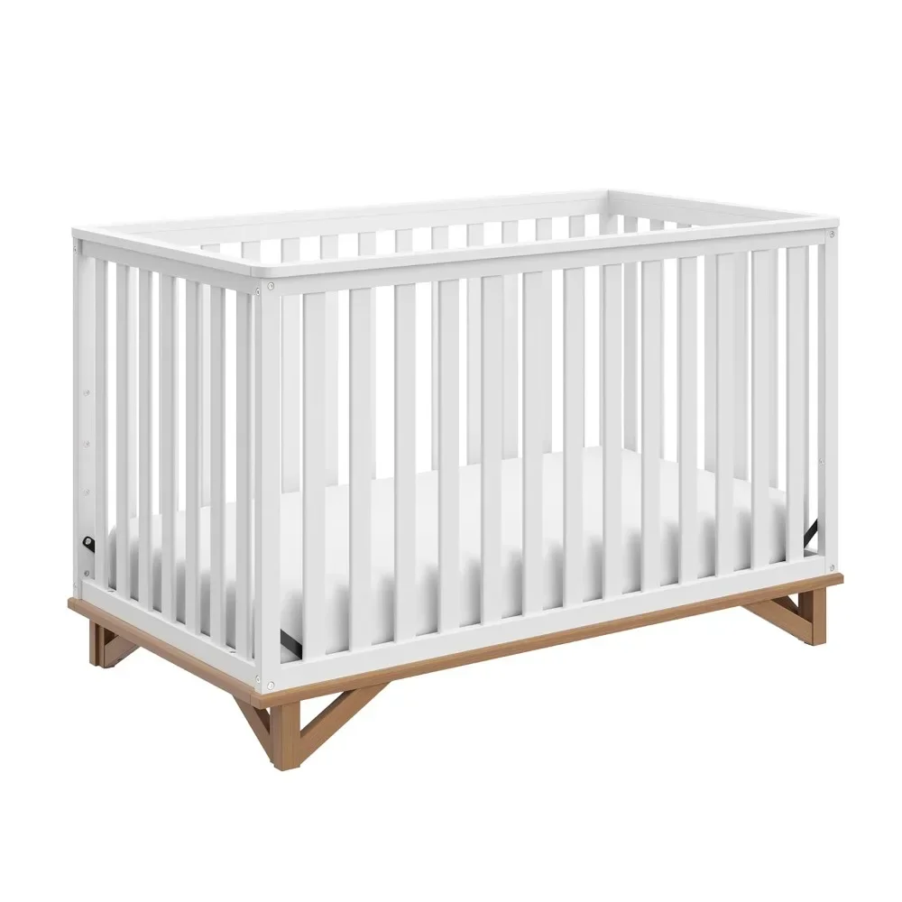 Monica 5-in-1 Convertible Crib (White with Vintage Driftwood) – GREENGUARD Gold Certified, Modern Design, Two-Tone Baby C