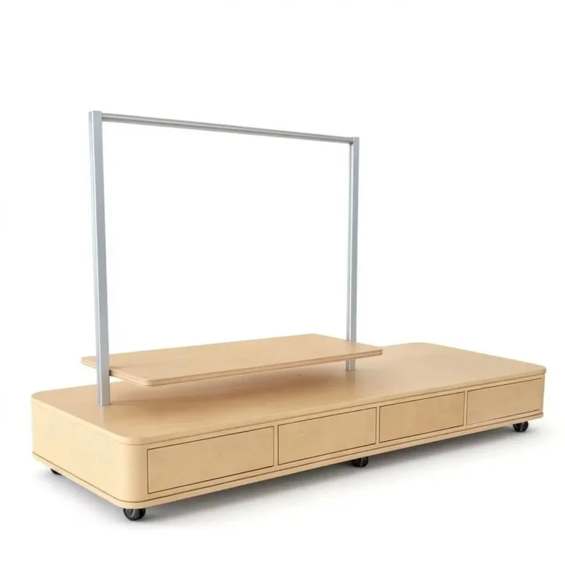 

custom.Customized Movable Display Cabinet with Stainless Steel Rack Painted Wood Showcase with Wheels Clothing Store