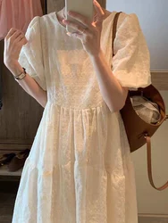 Korean Fashion Off-white Dress Women Summer Embroidered Midi Dress Female Elegant Vintage Loose Casual Puff Sleeve Party Dress