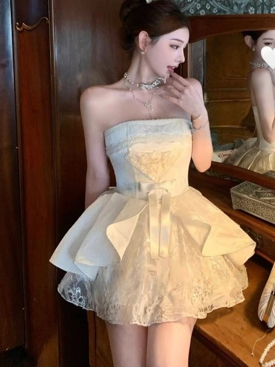 French Sweet Style Elegant Women Dress Vintage Bow Strapless Evening Dress Fashion Female New Sexy Princess Party Outfits Summer