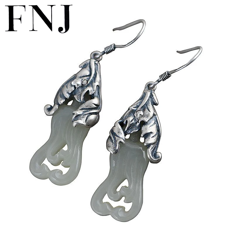 

FNJ 925 Silver Chinese cabbage Earrings for Women Jewelry 100% S925 Sterling Silver Drop Earring Natural Hetian jade