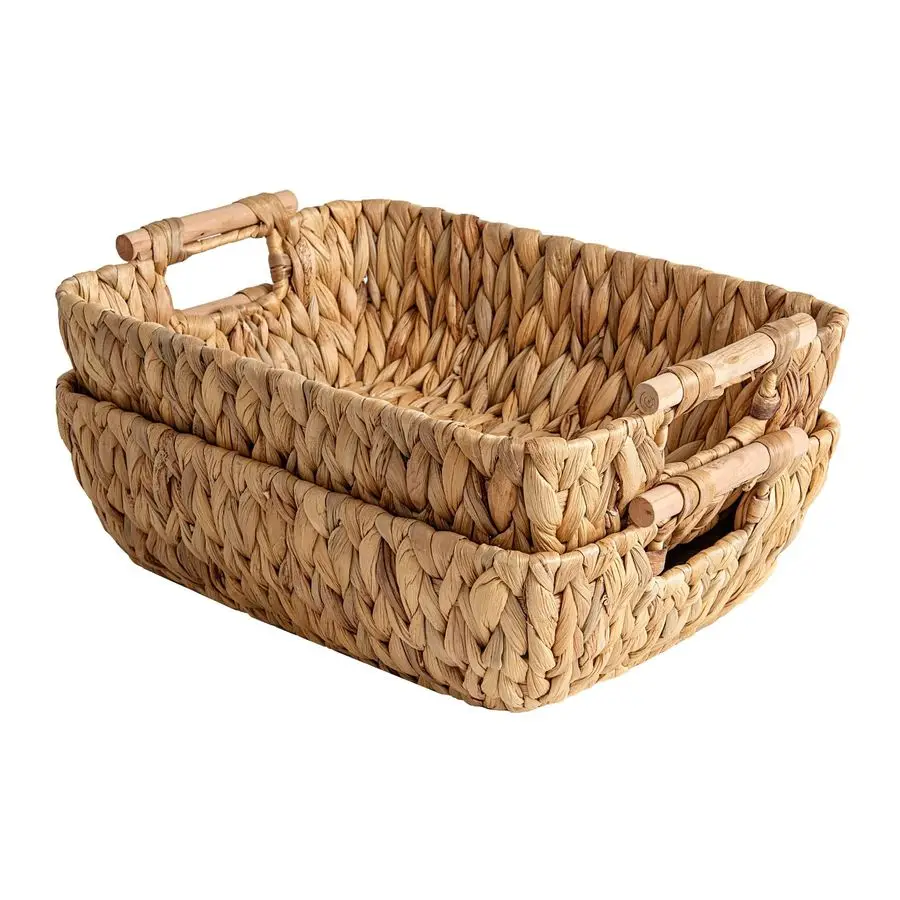 

HandWoven Large Storage Baskets with Wooden Handles, Water Hyacinth Wicker Baskets for Organizing, 2Pack