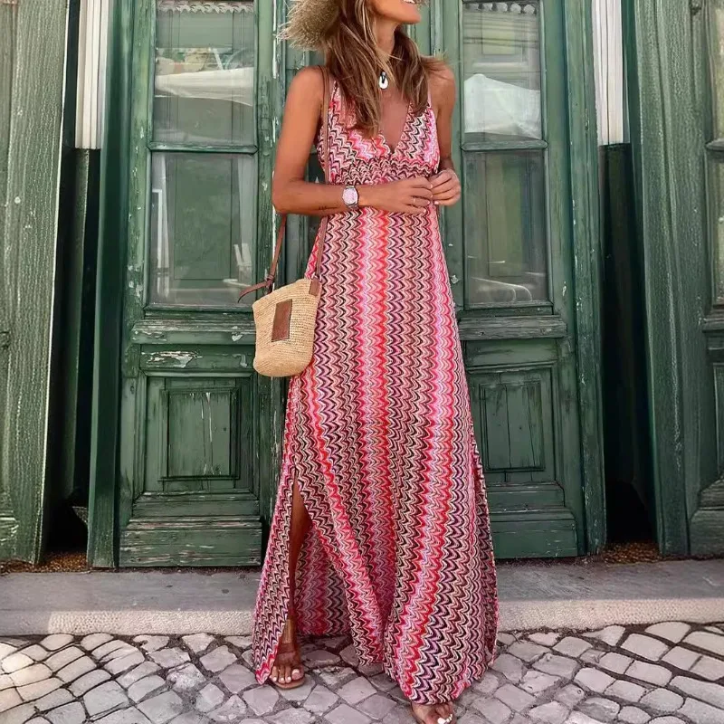 

Sexy Striped Knitted Deep V Neck Dress Slimming Waist Patchwork Sexy Suspender Robes Beach Women Fashion Strip Beach Long Dresse