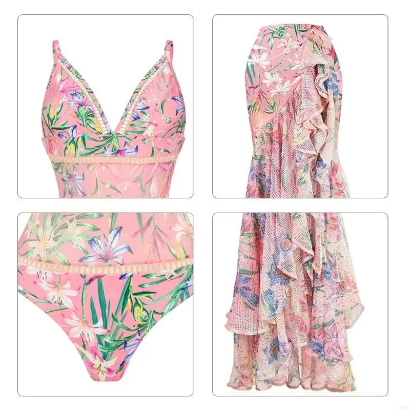 Women 1 Pieces Swimsuit Ladies Flower Print Swimwear with Cover Up Trend Tummys Control Bathing Suit for Beachwear