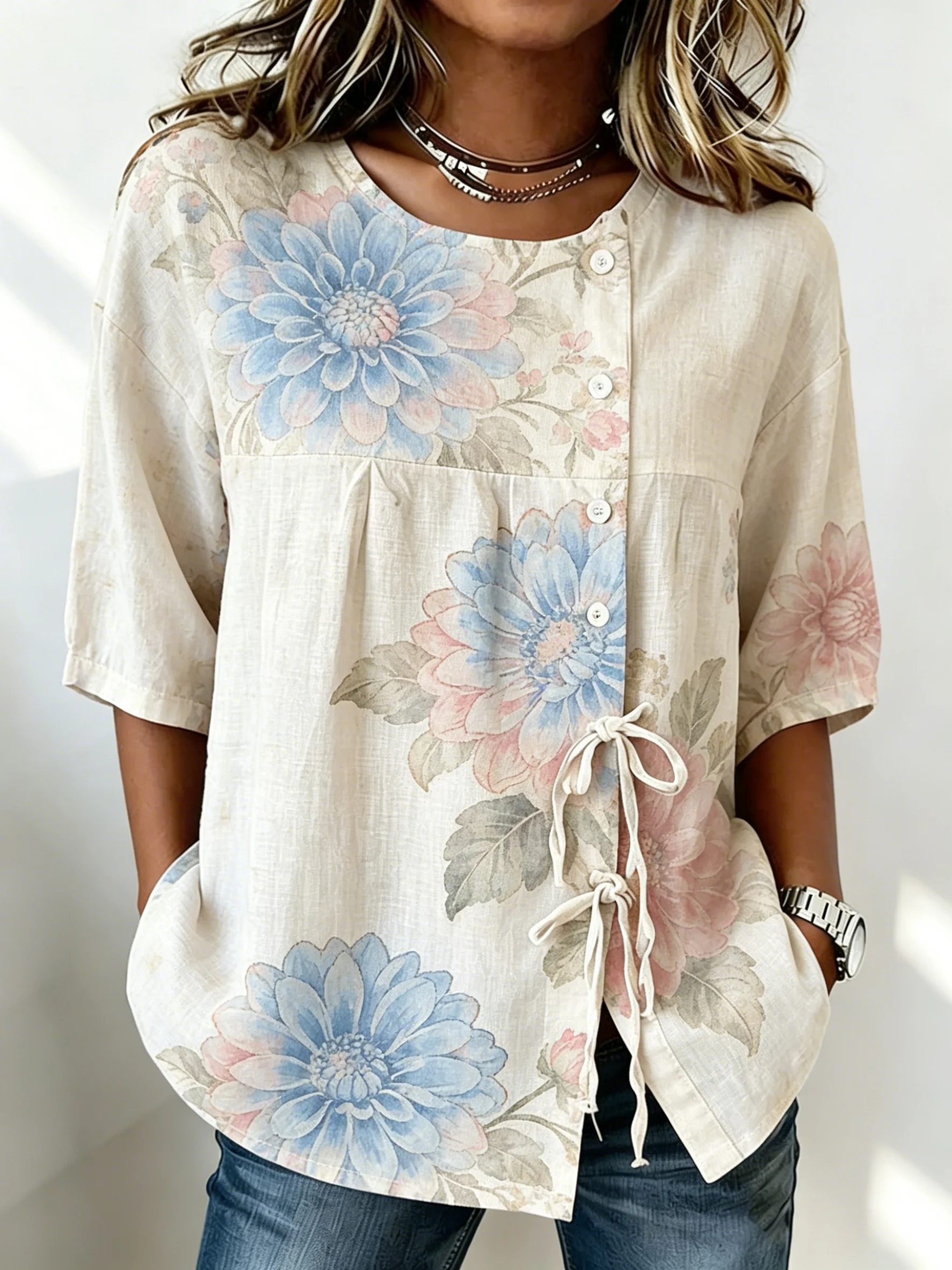 Damen-Bluse mit Aquarell-Sonne – Tie Front Shirt Bewertung und Preis