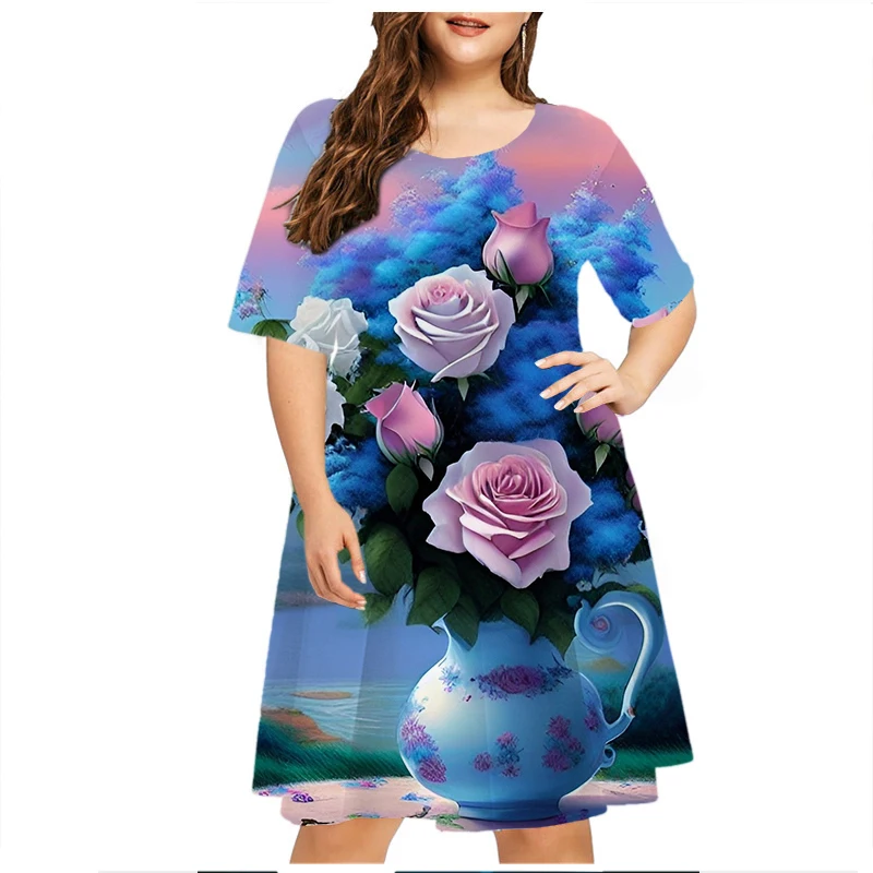 Pink 3D Flower Print Women Dress Elegant Sweet Casual Short Sleeve O-Neck Mini Dress Summer Fashion Party Clothing Plus Size 6XL