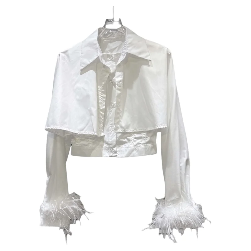 

Ele Pure Color irt с манжетами из страусиных перьев French Sle Loose Fit Long Sve Ne ort Length Button Pl...