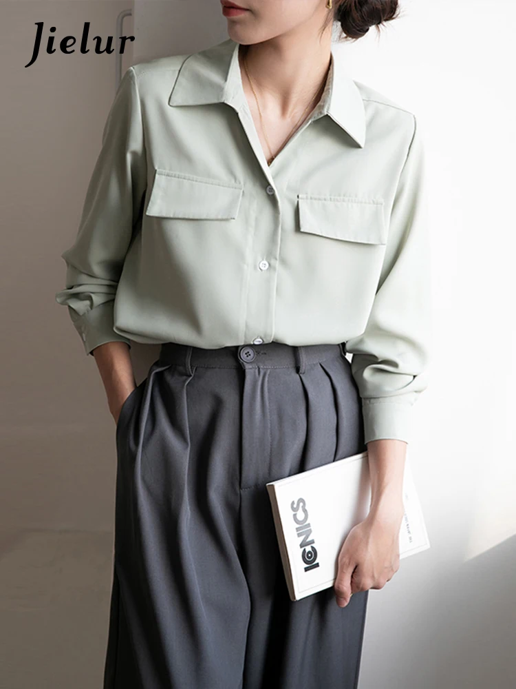 

Jielur Long Sleeved Green Basic Shirt Women Casual Korea Style Shirts Female New Spring Buttons Loose Elegant Office Lady Blouse