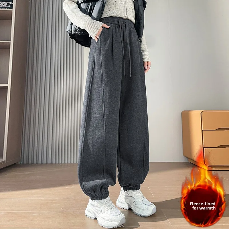 شتاء جديد حجم كبير المرأة Fce اصطف Thiened مكبل السراويل الرياضية عادية عالية الخصر فضفاض التخسيس مستقيم الساق بنطلون