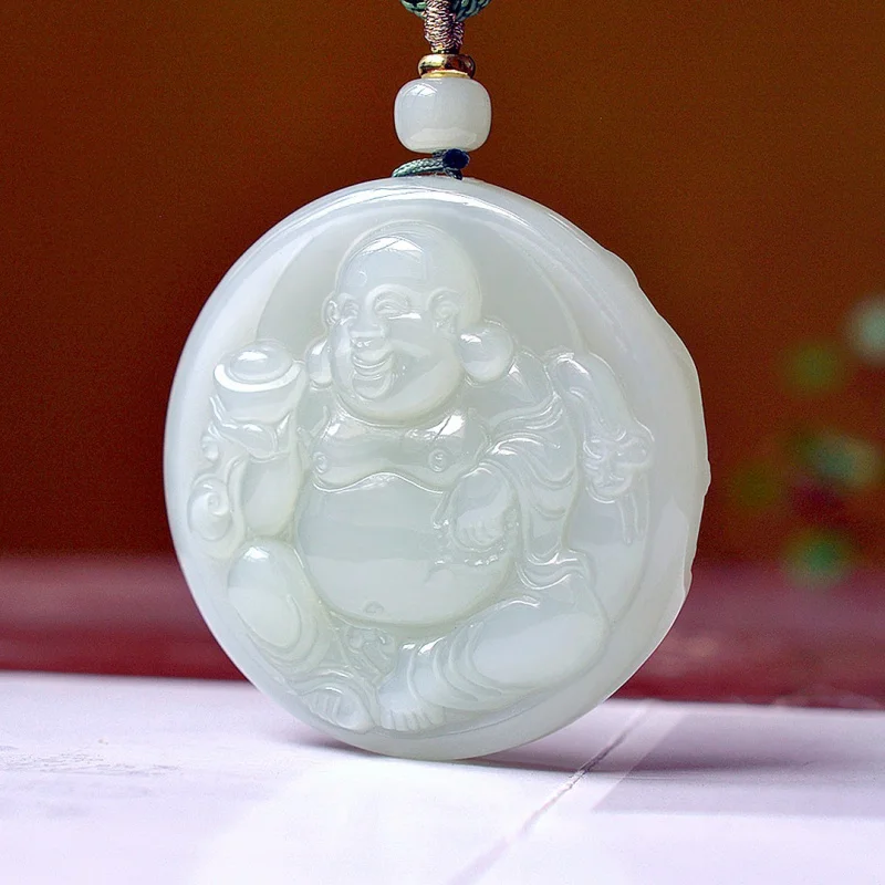 Exquisite Hetian Jade Qinghai Material Maitreya Buddha Pendant, Ethnic Style, Fashionable and Versatile