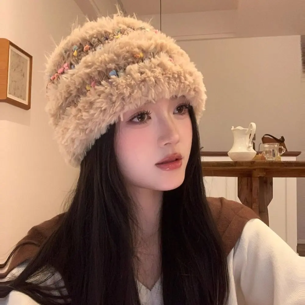 

Cute Warm Knitted Beanie Hat Thickened Ear Protection Fluffy Earmuffs Beret Hat Women