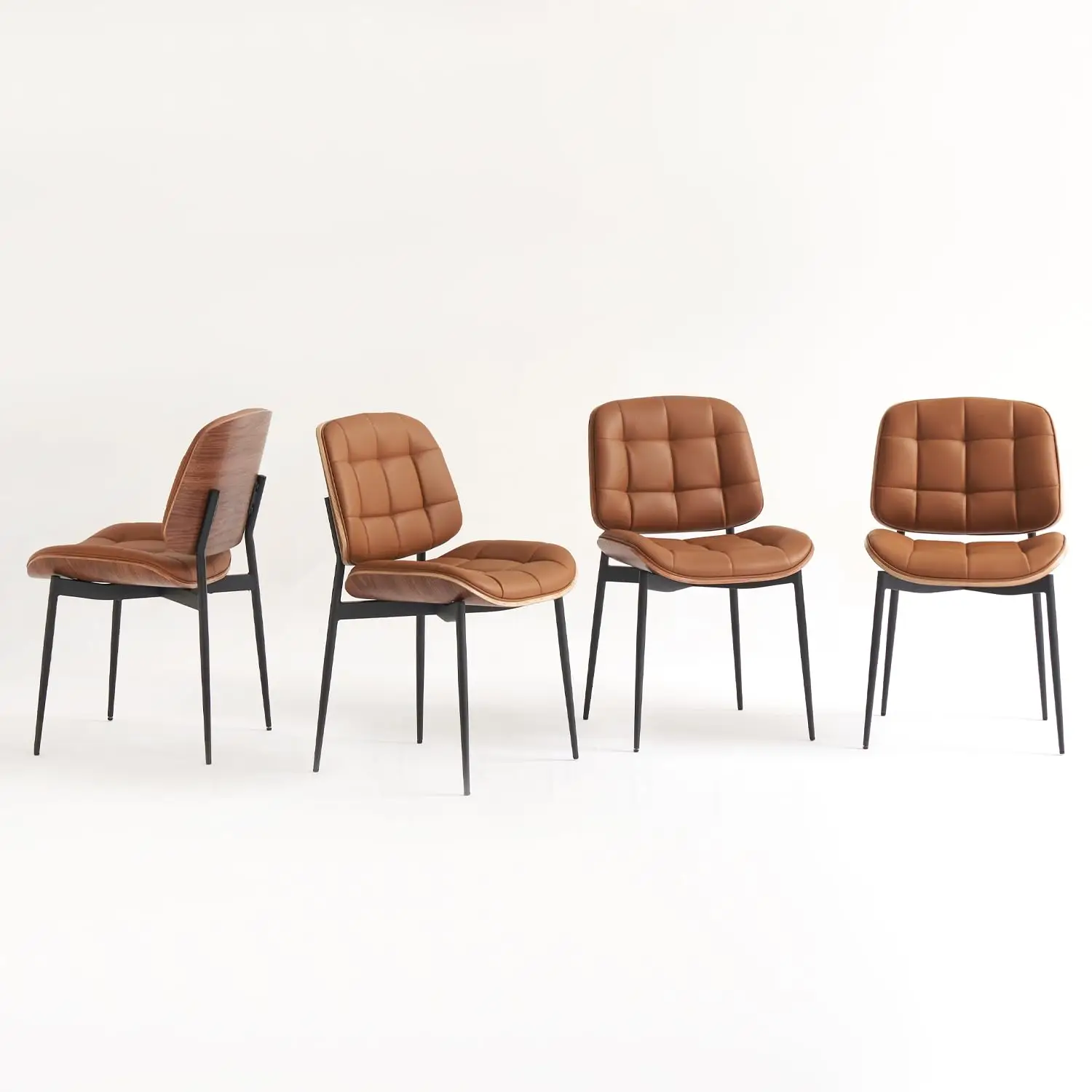 

Mid Century Modern Dining Chairs With Walnut Grain Back, Brown Faux Leather Dining Room Chairs Set Of 4, Checkered, Customized