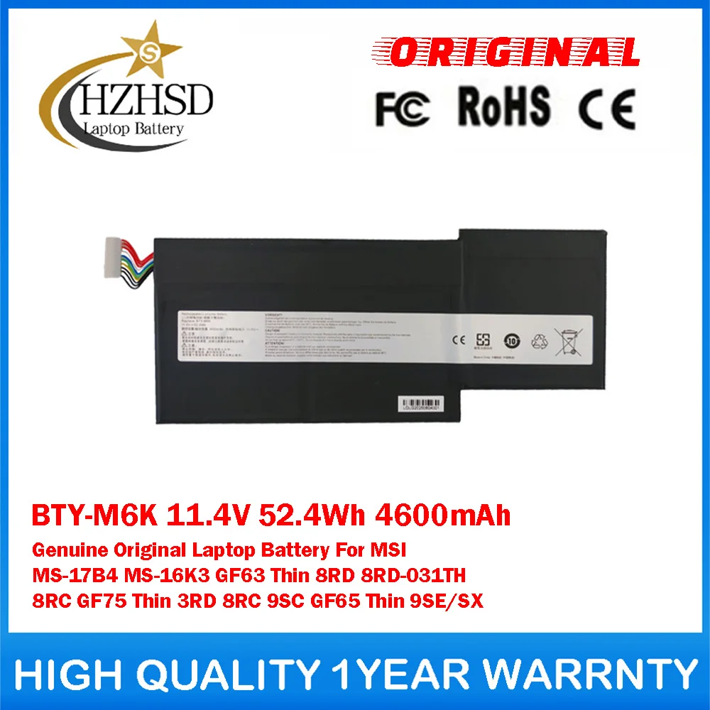 

Оригинальная батарея для ноутбука BTY-M6K 11.4V 52.4Wh 4600mAh для MSI MS-17B4 MS-16K3 GF63 Thin 8RD 8RD-031TH 8RC GF75 3RD 8RC