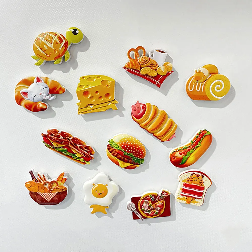 New Simulation Food Refrigerator Stickers Hamburger Bread Cheese Pizza Cartoon Creative Cute Resin Magnet Kitchen Decoration