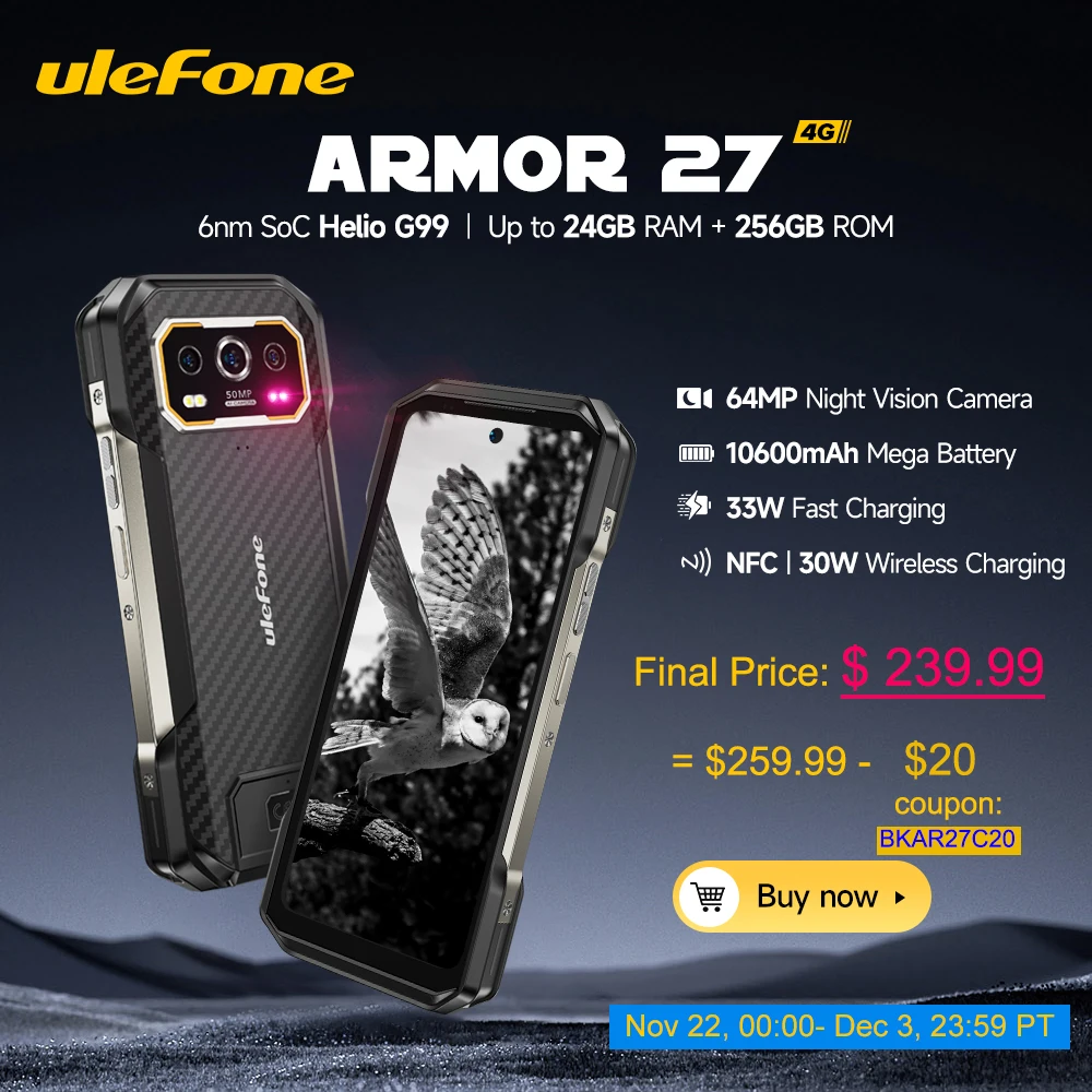 【2024 New】Ulefone Armor 27 4G Rugged Phone 10600mAh 24GB+256GB Smartphone Android 14 120Hz Night Vision 33W NFC Mobile Phone