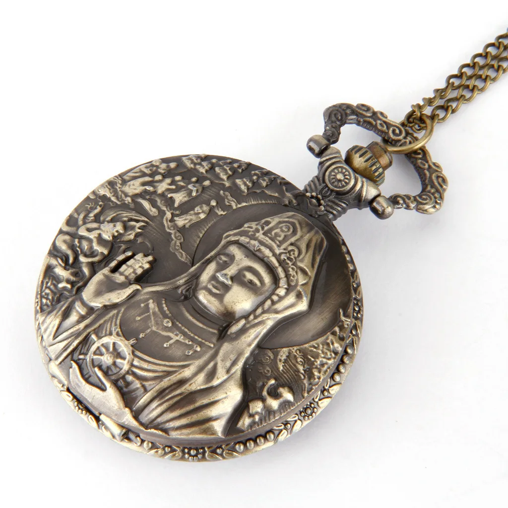 Vintage Luxury Buddha Patterned Carving Quartz Pocket Watch for Men Women Laser Engraved Fob Chain Bronze Clock for Collection