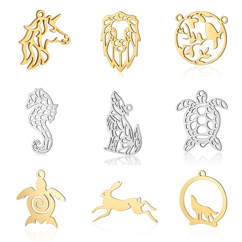 5pcs/lot Sea Horse Turtle DIY Charms Wholesale 316 Stainless Steel Rabbit Connectors Charm Elephant Wolf Bird Jewelry Pendant