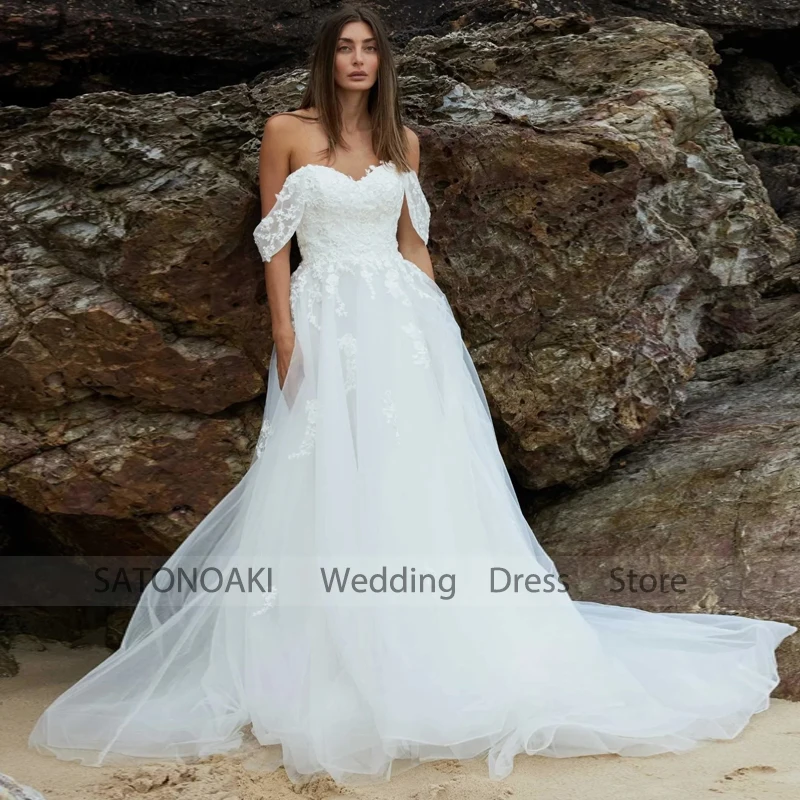 

Customized Elegant Boho Off the Shoulder Lace Wedding Dress for Women A-Line Appliques Backless Bride Gown Vestidos De Novia
