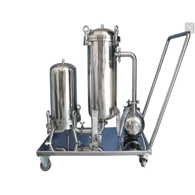 micro coconut oil water filtration Multiple stage ss304 bag filter housing with pump and trolley