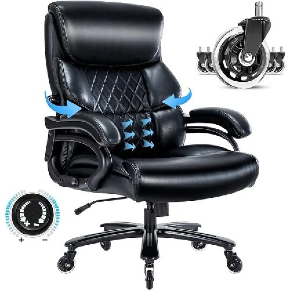 Office Chair 500 LBS-Executive Office Chair for Heavy Duty Office Chair  with Adjustable Lumbar Support Black Leather Chair