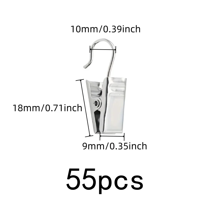 55 pcs Open Curtain Hooks, Living Room Curtains, Silver Open-End Design, Easy Slide On Rod, Multipurpose