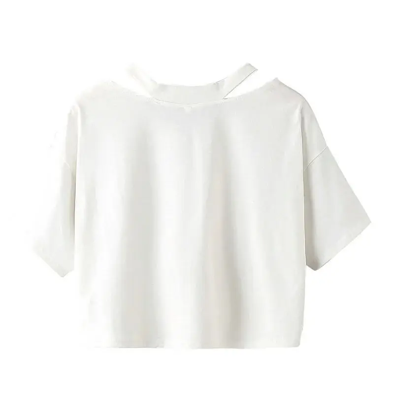 Europäische und amerikanische einfarbige schulter freie hohle sexy einfarbige T-Shirt V-Ausschnitt Damen kurz ärmel ige lose Damen oberteil