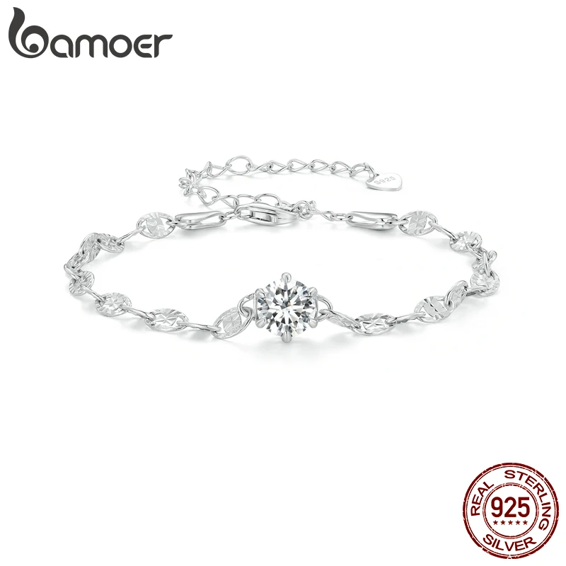 Bamoer 925 Sterling Silver Round Zircon Bracelet Lobster Clasp Adjustable Chain Link for Women Birthday Annivesary Gift  BSB142