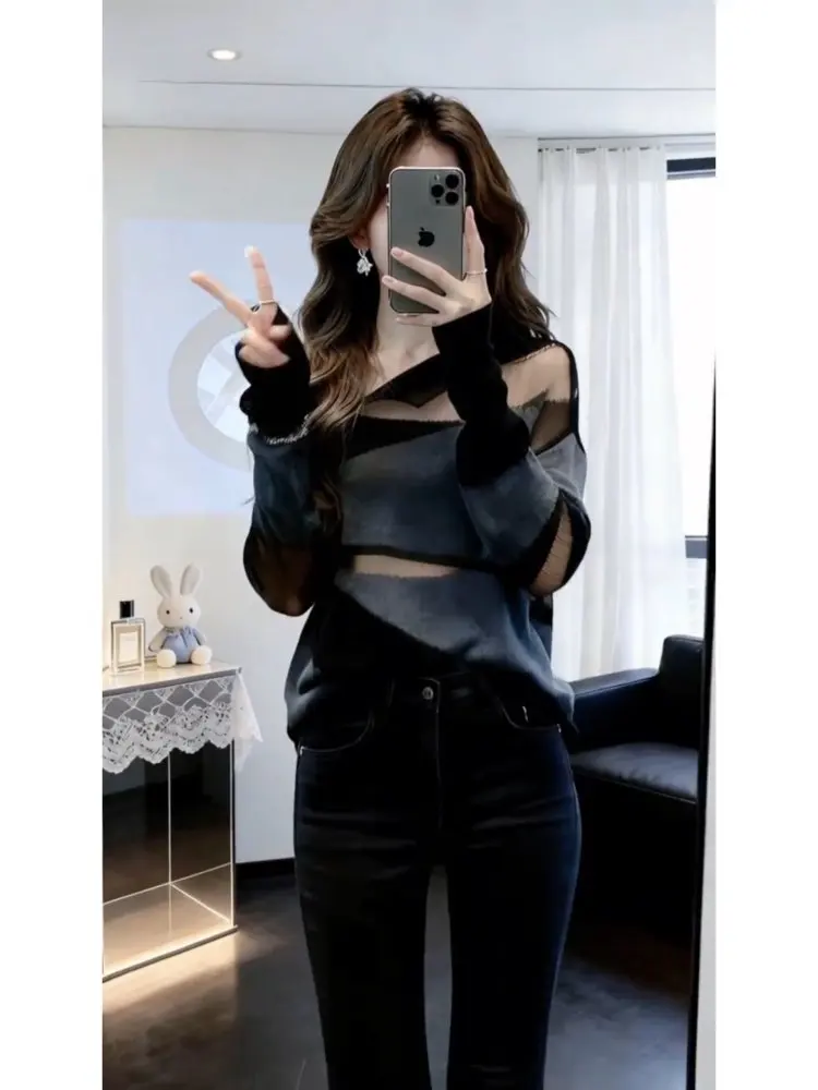 

Korean Sle Hollow out Color Blo Knitwear Women's Spring Faion plus Size Casual Long Sve Top Trendy Aosphere Bla ...