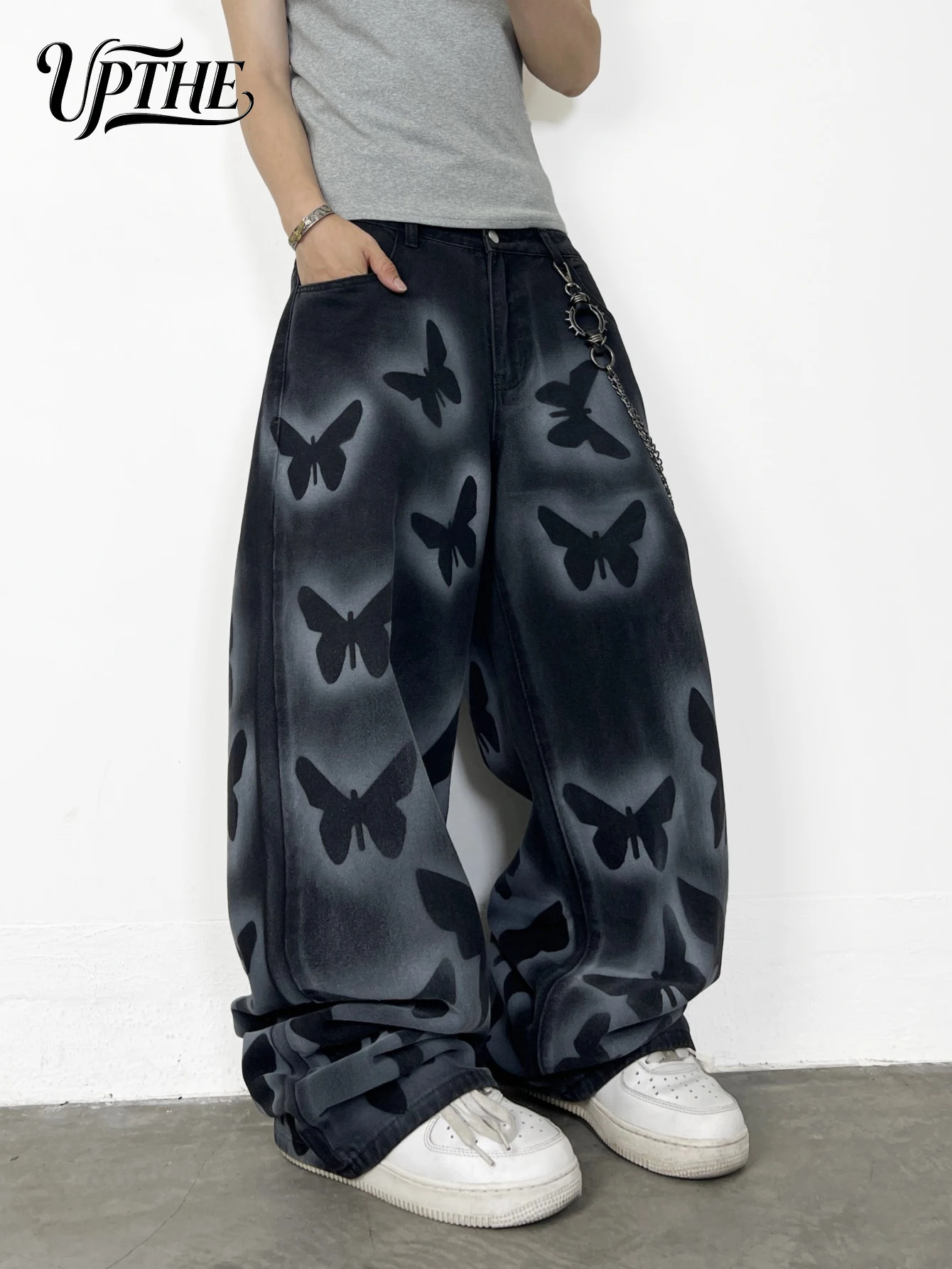 UPTHE Men's Baggy Wide Leg Black Jeans, Butterfly Print Gradient Washed Denim Pants, Oversized Loose Fit Y2K Hip Hop Streetwear Jeans for Men - view 3