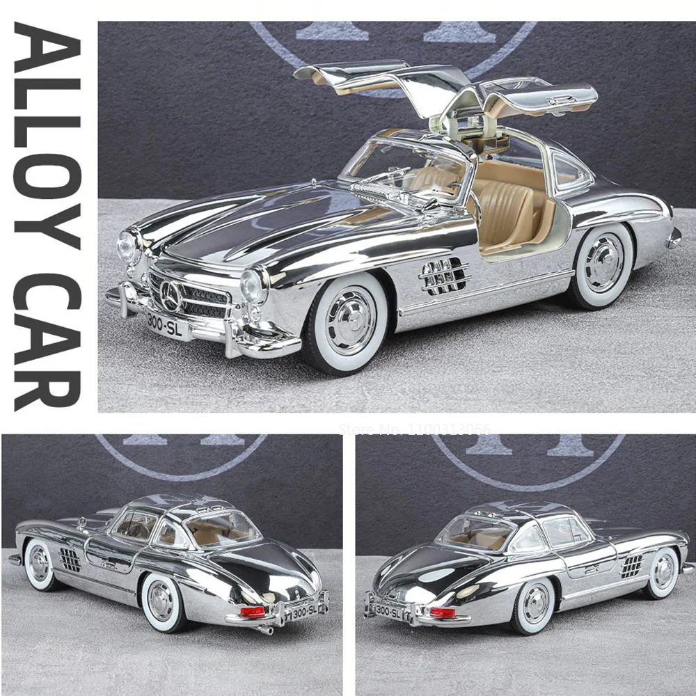 1:24 Benz 300SL Alloy Diecast Cars Toy Model Wheel Pull Back Vehicle 4 Doors Opened Light Sound Vintage Car Boys Collection Gift