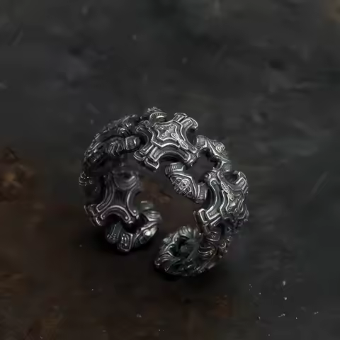 Retro Chained Crosses Adjustable Open Ring For Men Silver-plated Copper Gothic Punk Edgy Jewelry Christian Accessories Cool Gift