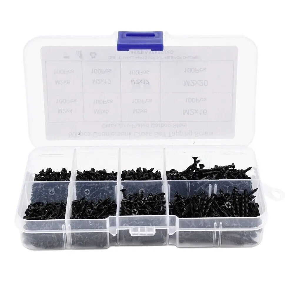 800PCS Screws Carbon Steel Assorted Box of Black Self Tapping Screws Workshop