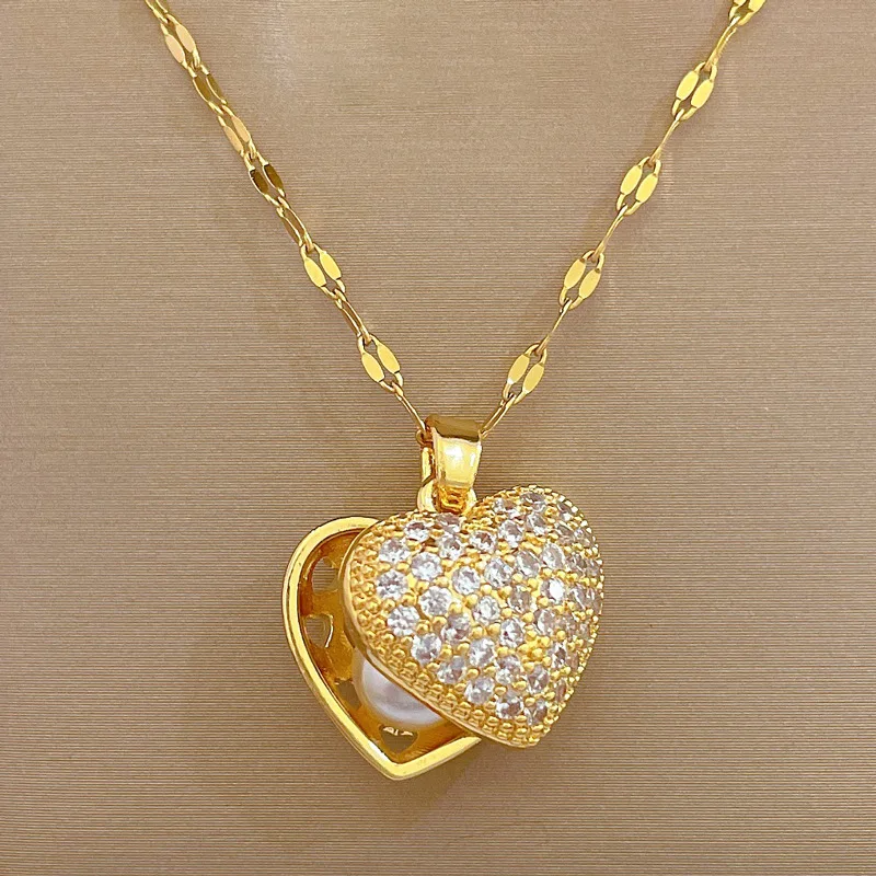 Temperament Full Zircon Heart Pearl Pendant Necklace for Women Luxury Gold Color Stainless Steel Shell Chokers Jewelry Fastness