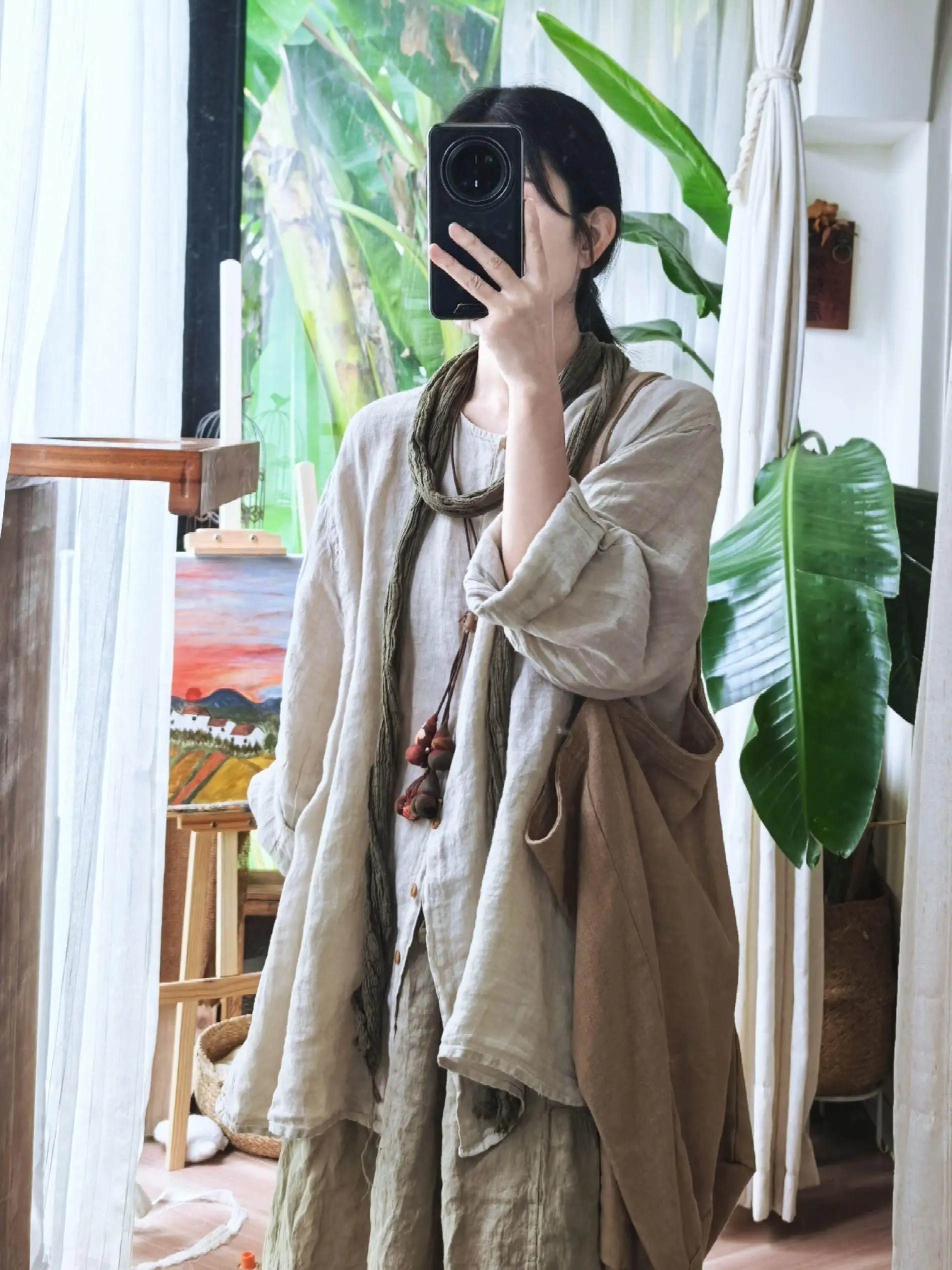 Retro Artistic Loose Linen Shirt Wooden Tone Cool Style Zen Inspired Women's Top New Chinese National Style Set Casual Wear