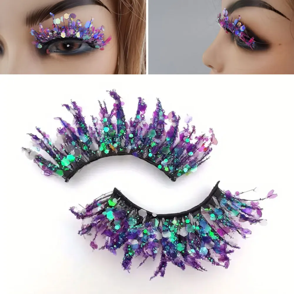 1 paar Halloween-stijl Dromerige pailletten Glitter valse wimpers Hele strip Pluizige DIY-wimpers Cosplay Stage Oogmake-up