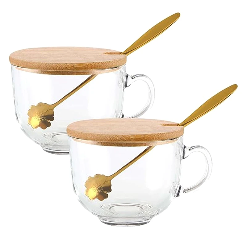 

Coffee Mugs Glass Cups With Handle, With Bamboo Lids&Cherry Blossom Spoons, For Tea,Cereal,Yogurt