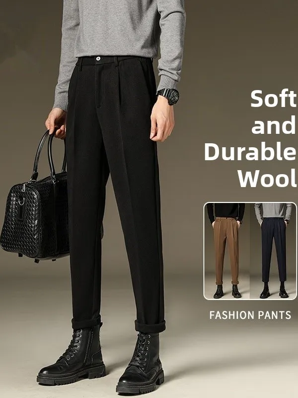 

Men's Autumn Winter Woolen Pants Loose Casual Thick Nine Points Suit Straight Leg Long Trousers Warm Casual Business Style