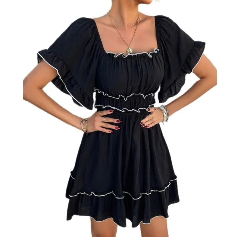 Robes élégantes pour femmes, nouveau Style de vacances décontracté, couleur unie, bord d'oreille, manches courtes, Mini robe de soirée courte, été 2025