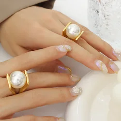 Chic 316L Stainless Steel Ring Y Shaped Big Imitation Pearl Rings For Women Exaggerated Charm Jewelry Wholesale