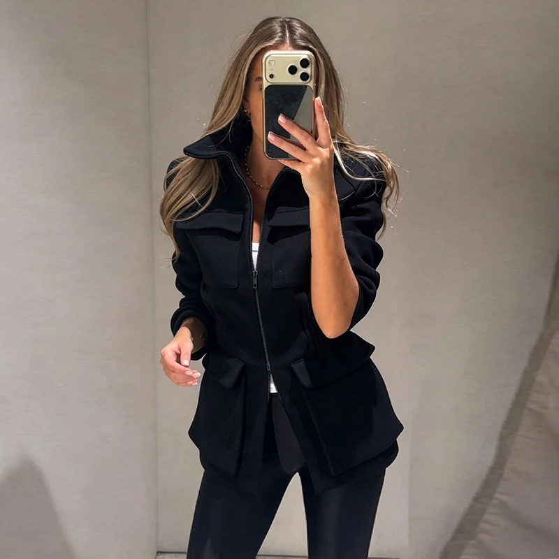 Women Stand Collar Zip Up Wool Blend Coat Padded Shoulder Cinched Waist Long Sleeve Flap Pocket Slim Fit Jacket Casual Outerwear