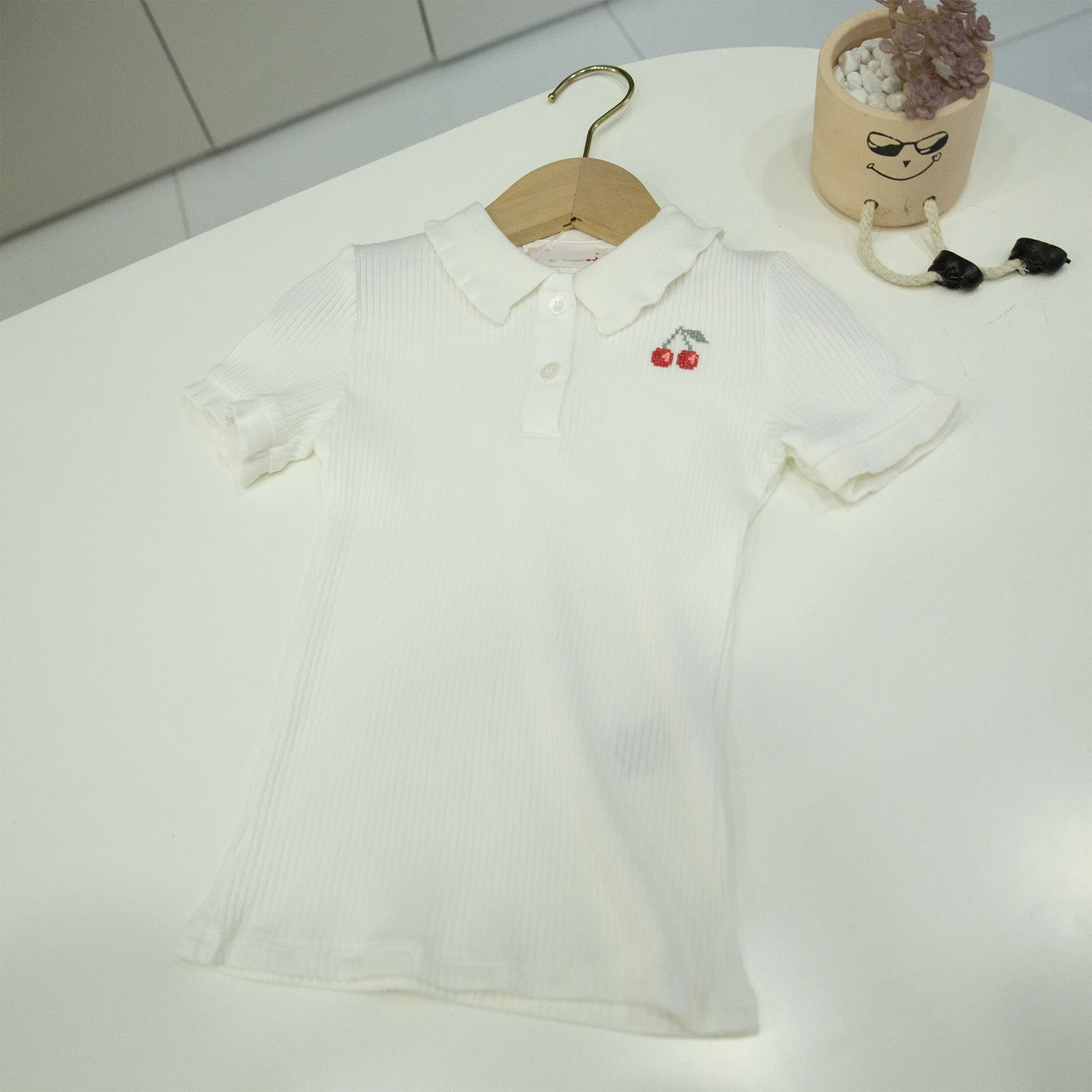 Girls Stretchy Collar Knit Top Slim Fit Short Sleeve T-Shirt White Embroidered Outfit New Cute Kids Clothes Toddler Girl Outfits