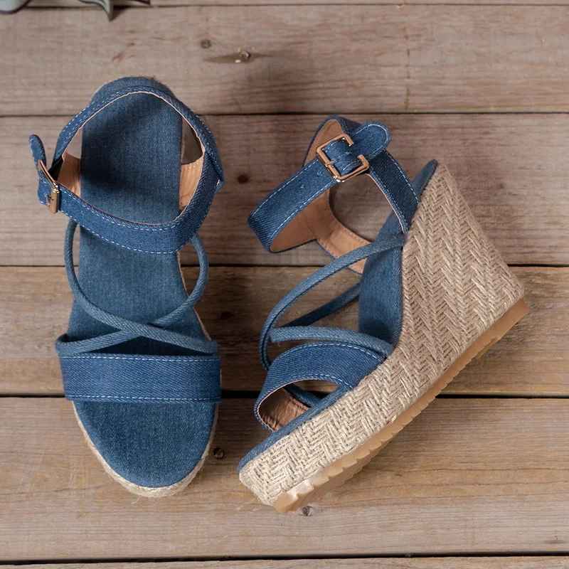FHC 2024 New Denim Wedges Sandals,Women High Heels Summer Shoes,Cross Straps,Ankle Buckle,Thick Bottom,Blue,36-42,Dropship