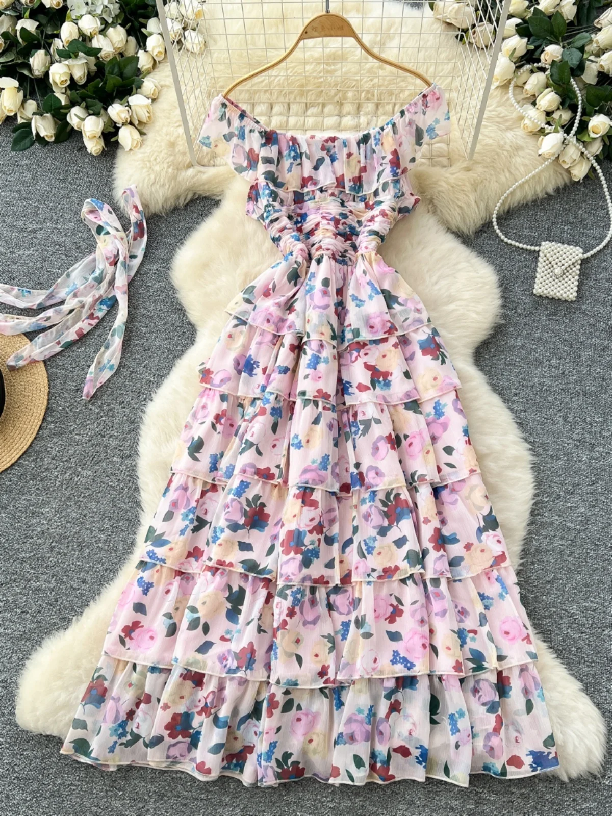 Elegant Floral Chiffon Dresses Women Summer Holiday Printed Long Vestidos Ruffles Sexy Slash Neck Vintage Midi Robe Beach