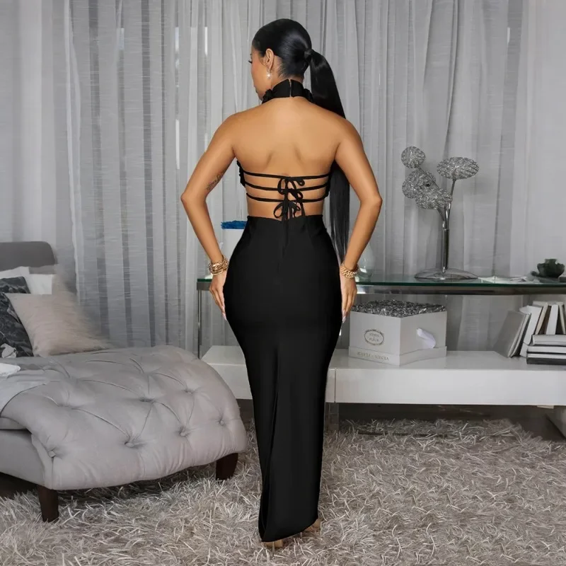 GUWU femmes sans manches élégant col en v découpe 3D fleur longue robe Maxi 2025 été Sexy robes de soirée robes