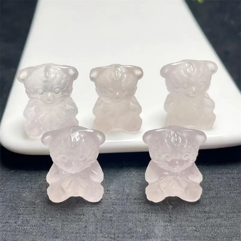 5PCS Natural Rose Quartz Cartoon Bear Carving Reiki Healing Stone DIY Accessories Holiday Birthday Gift 24MM