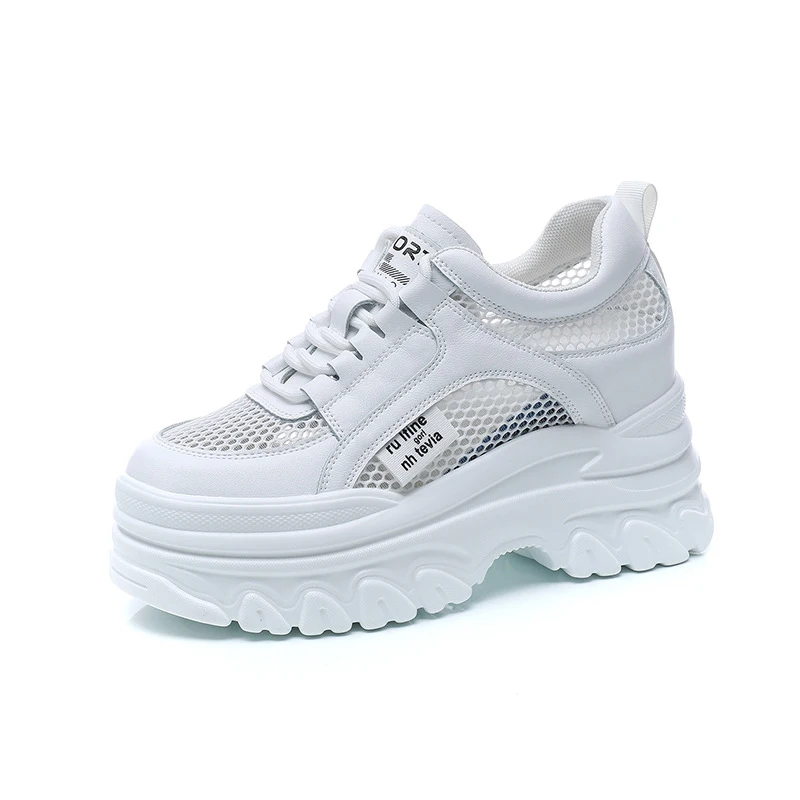 

Genuine Leather Women Summer Sneakers Platform Shoes 2022 Summer Breathable Mesh Women Height Increasing Sneakers White Shoes