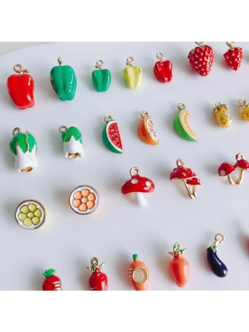 10Pcs/ Mix Enamel Fruits Strawberry Banana Cherry Charms Jewelry Wholesale DIY Vegetables Mushrooms Hot Pepper Pendant Bulk