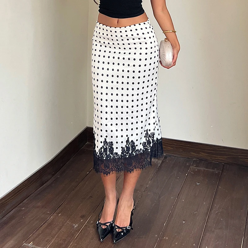 

Юбка Tornova с кружевными вставками и принтом «Полька», женская, элегантная, модная, с завышенной талией, средней длины, летняя, повседневная, облегающая, для клуба и вечеринок, коллекция 2026